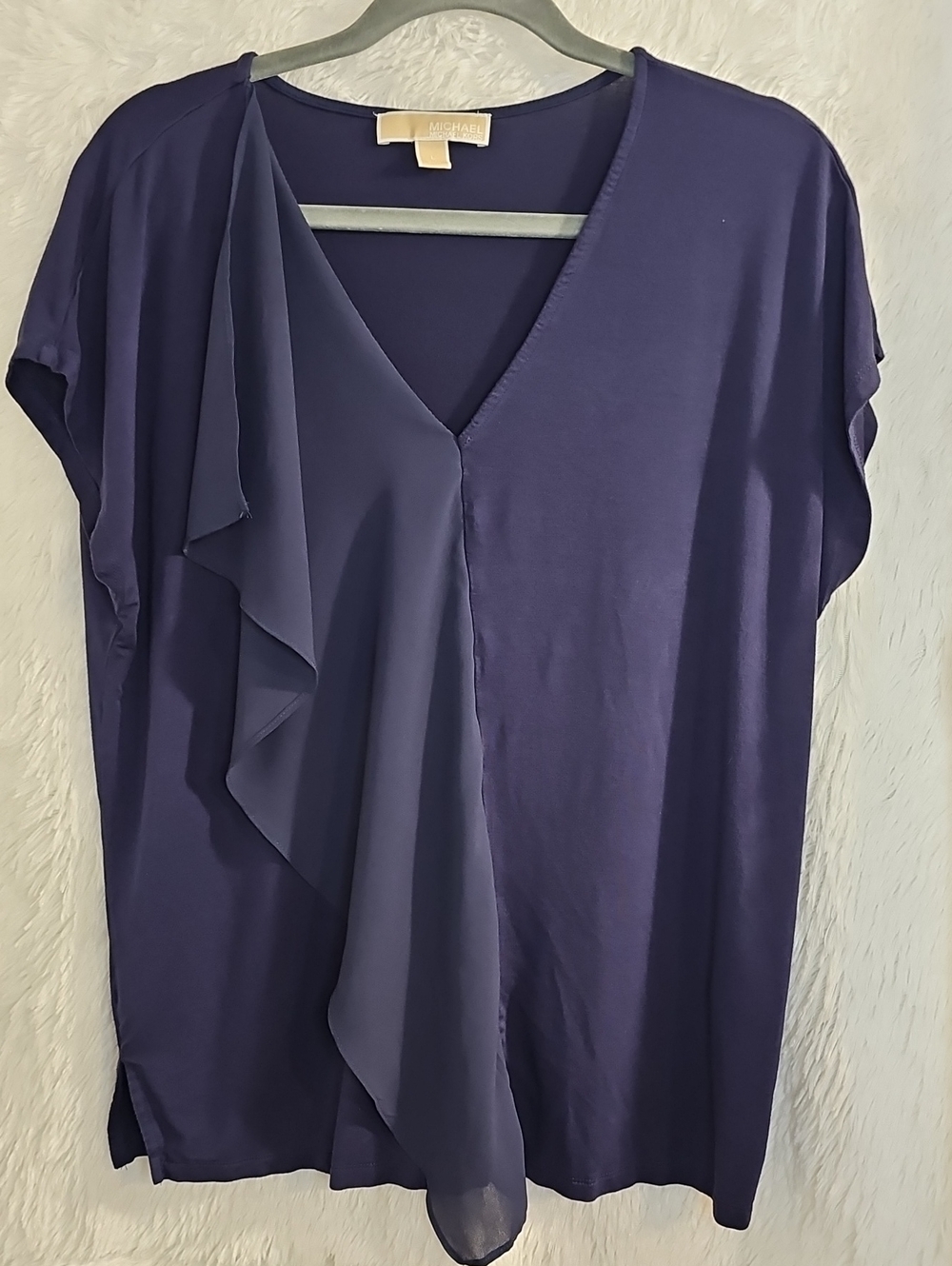 Michael Kors Deep Navy V-Neck Blouse with Draped Ruffle